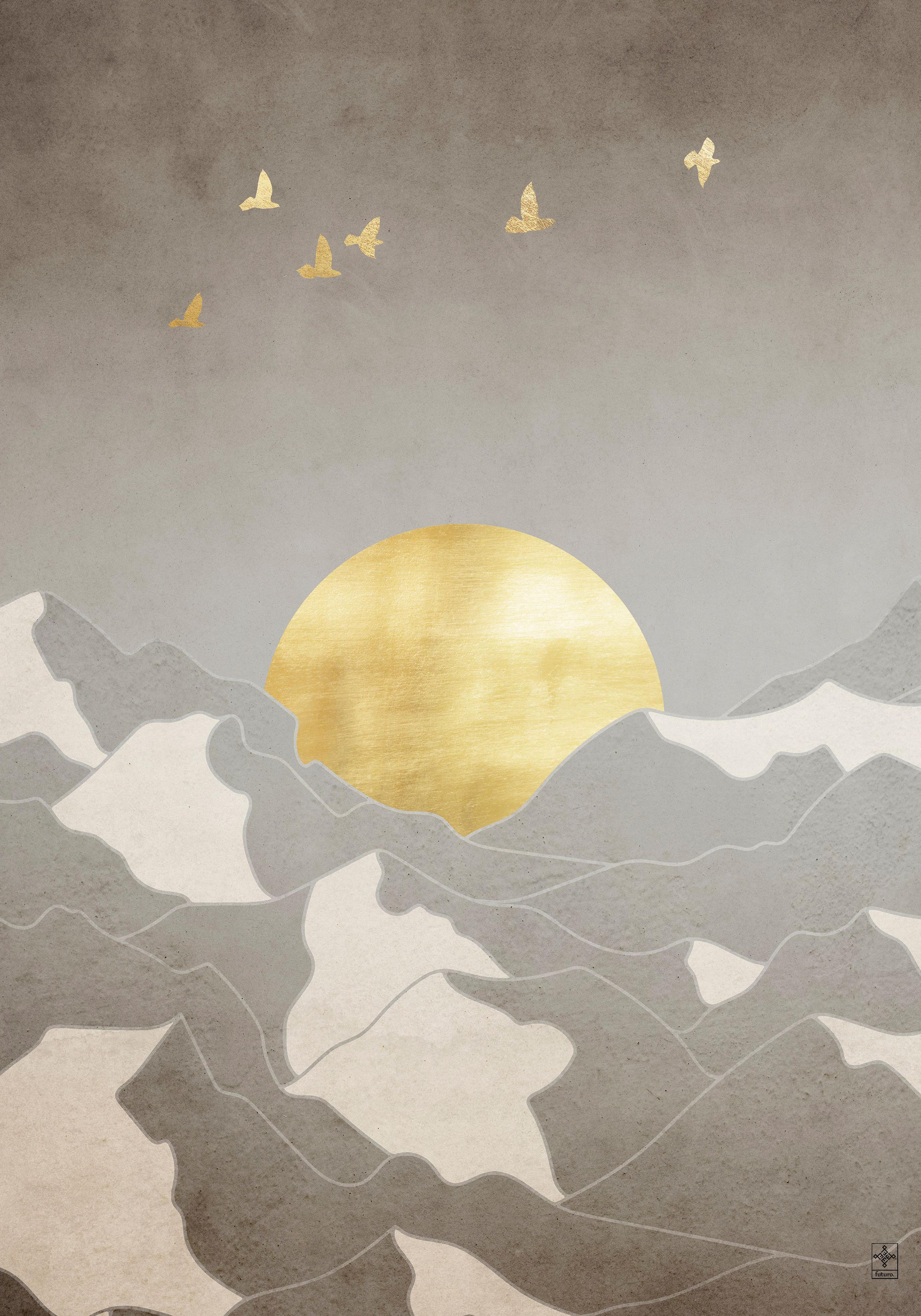 Złote Słońce nad Abstrakcyjnym Pejzażem: Plakat Artystyczny